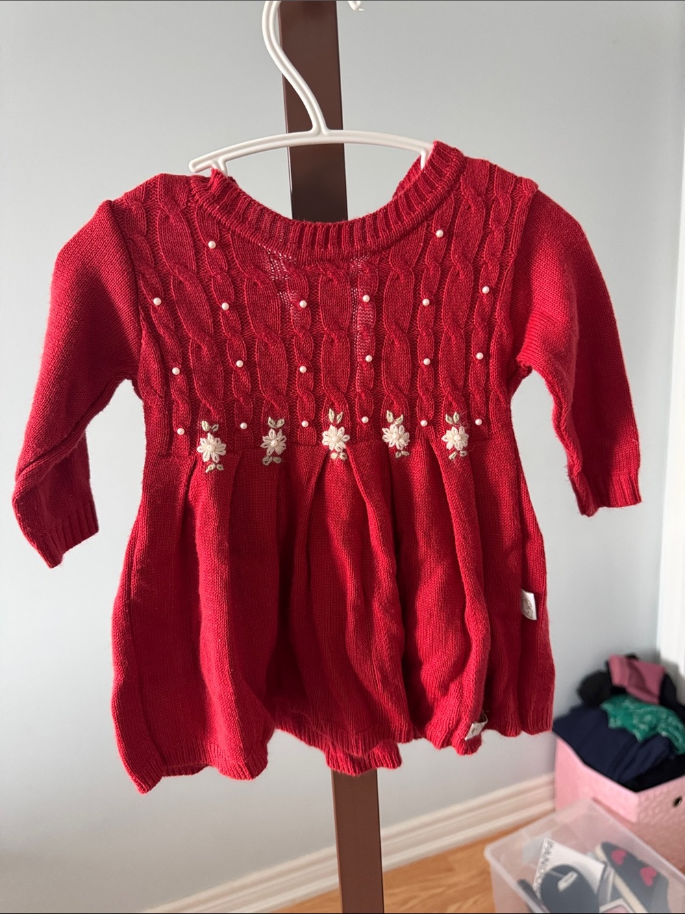 Red Knit Baby Dress with Floral Embroidery